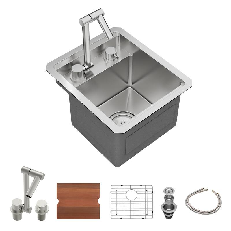 13" Undermount Workstation Bar Sink with Folding Faucet 13x15x9 inch Single Bowl 16 Gauge Stainless Steel Kitchen Sinks
