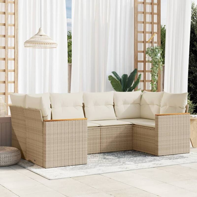 vidaXL Patio Sofa Set with Cushions Outdoor Furniture 6 Piece Poly Rattan - 24.4 x 24.4 x 27.2 in - Beige