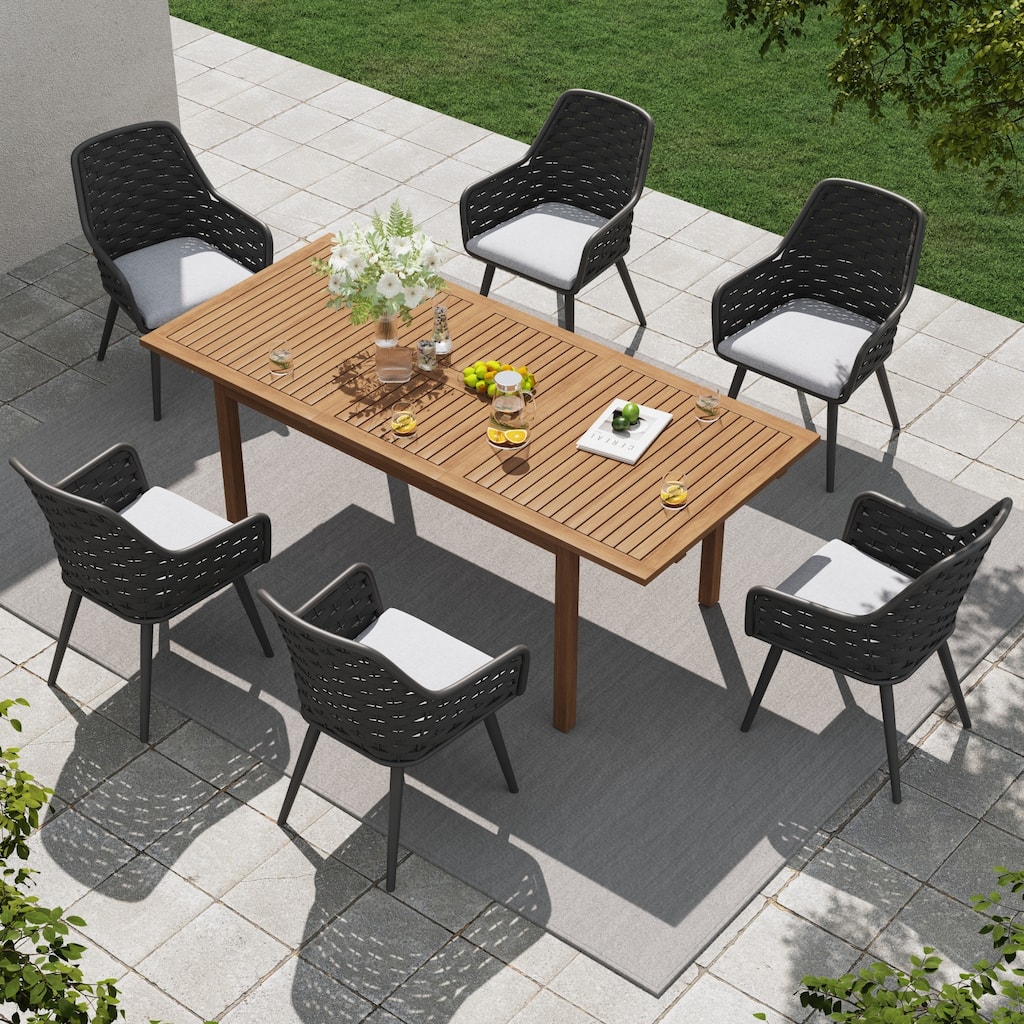 Outdoor Extendable Acacia Dining Set with 6 Rope-Back Chairs