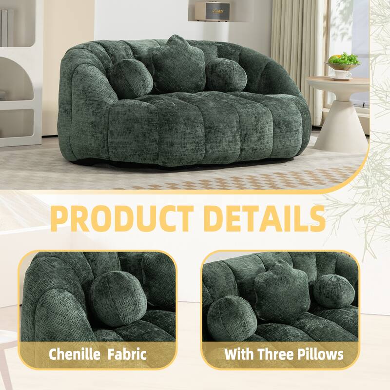 Chenille Upholstered Bean Bag Chair, Lazy Floor Sofa with Foam Filler, Fluffy Bean Bag Sofa with 3 Pillows & High Backrest