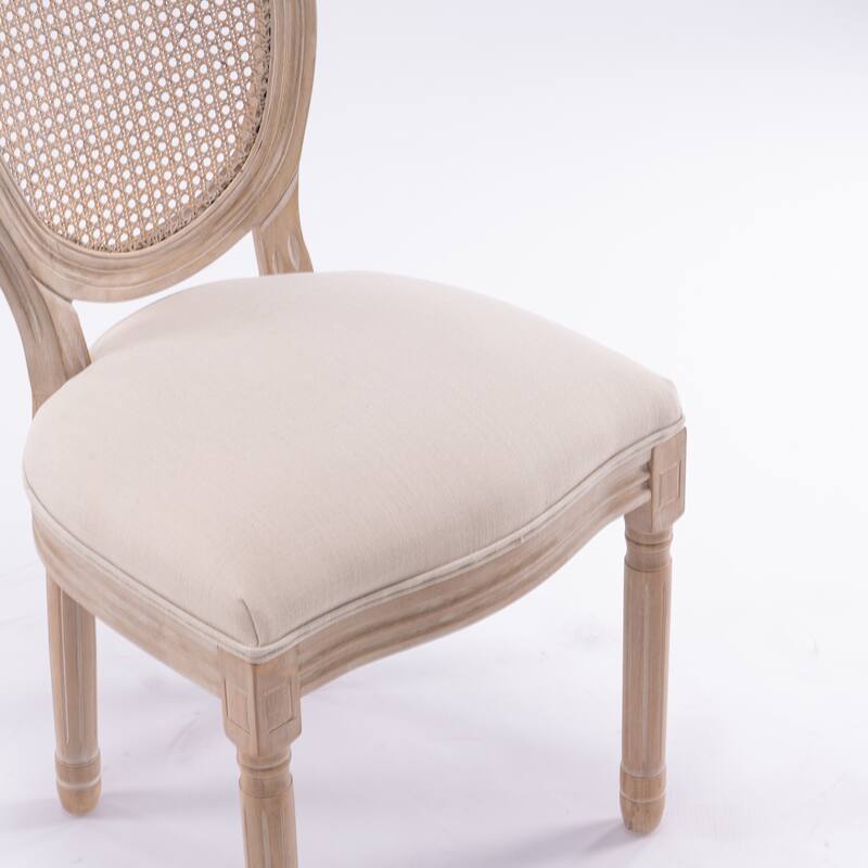 French Style Solid Wood Frame Linen Fabric Rattan Back Dining Chair