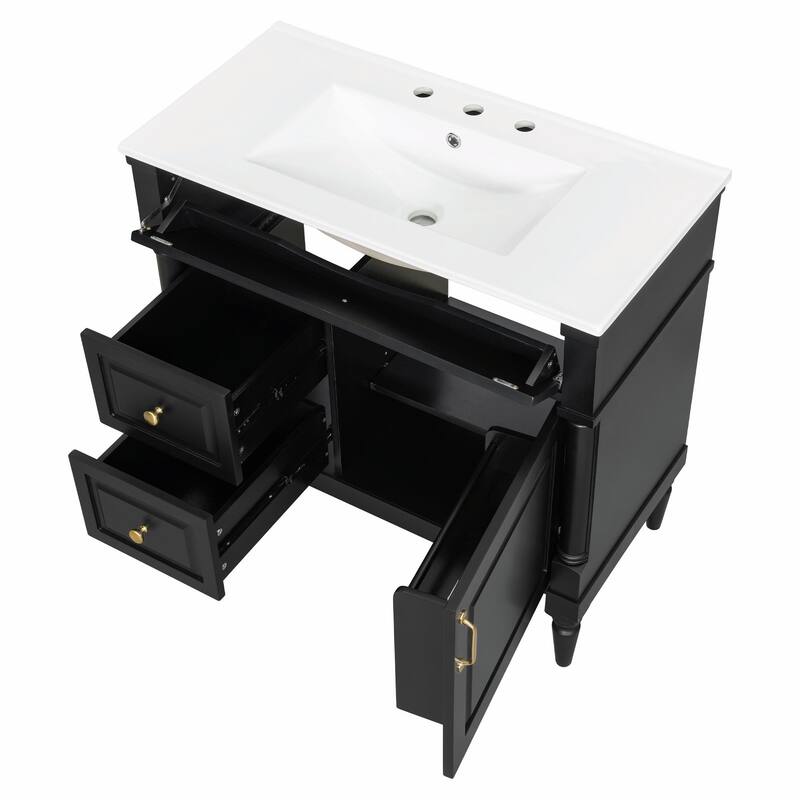 36" Bathroom Vanity with Sink, Freestanding Bathroom Cabinet with Ceramic Basin, Flip Drawer