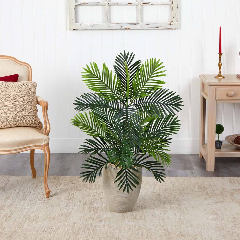Artificial Palm Tree Indoor - 42" Realistic Green Fronds & Sand Planter - Home Decor Accent - 41-50 Inches