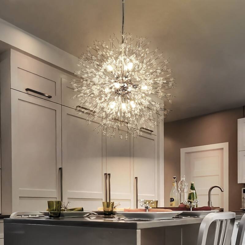9-Light Modern Glam Sputnik Starburst Globe Pendant Linear Firework Crystal Chandelier for Living Room - Clear Crystal - Chrome