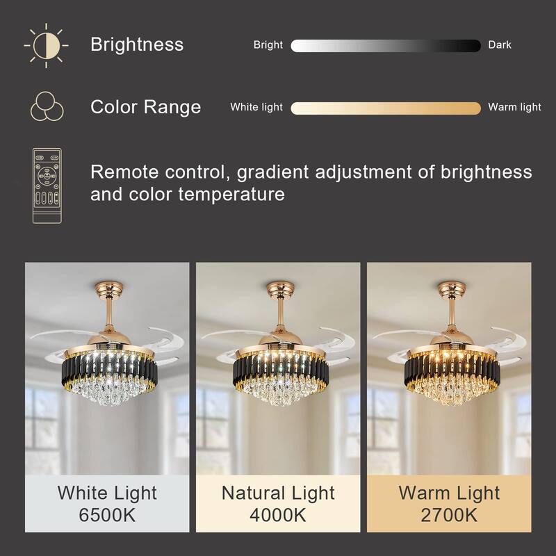 Modern Gold Black Retractable Crystal Ceiling Fan With Lights, Dimmable LED Luxury Chandelier Ceiling Fan With Remote Control