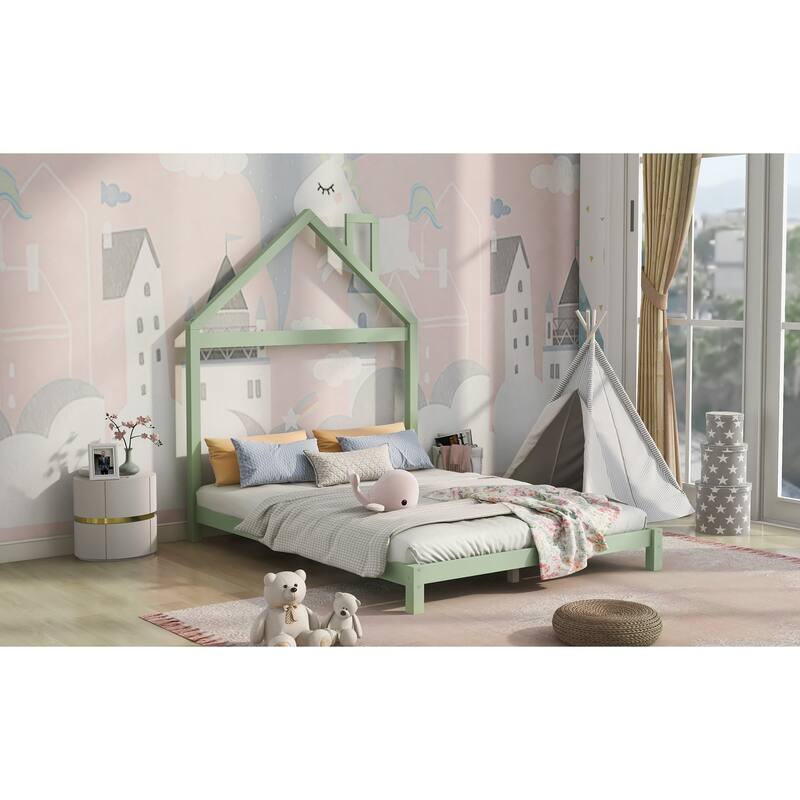 Full Size Wood Platform Bed with House-Shaped Headboard and Sturdy Pine Frame
