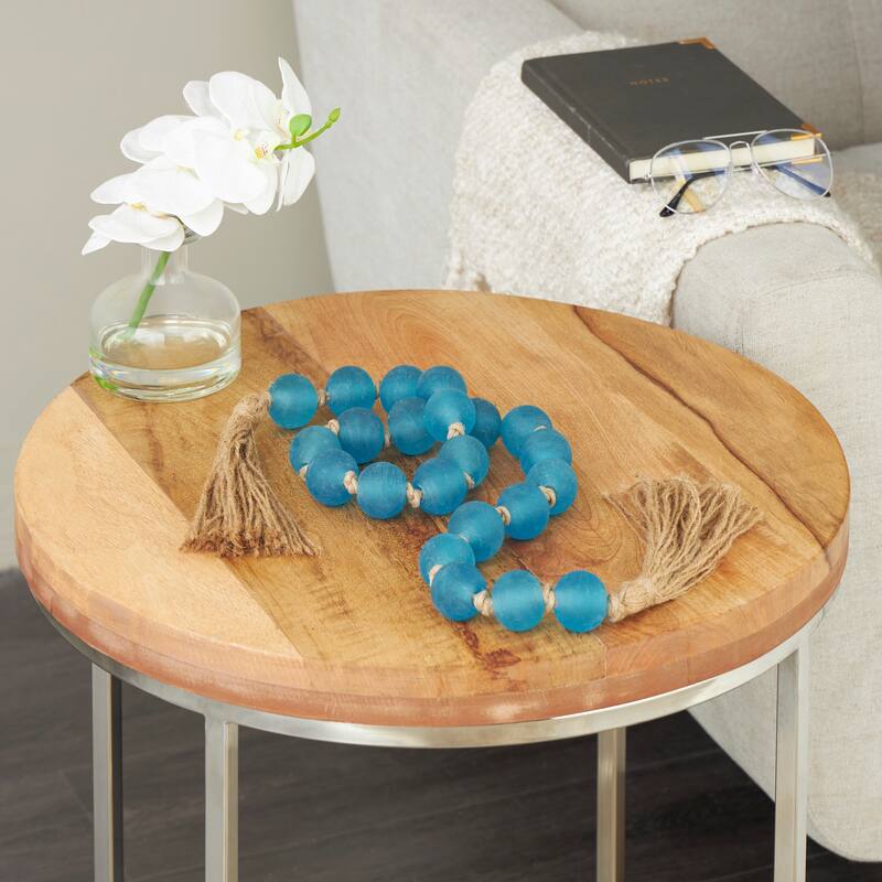 Glass Handmade Round Frosted Beaded Garland with Tassel with Knotted Brown Jute - Frost Dark Blue