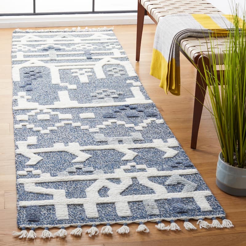SAFAVIEH Hand-Knotted Casablanca Shag Liliya Wool Tassel Rug - 2'3" x 8' Runner - Blue/Ivory