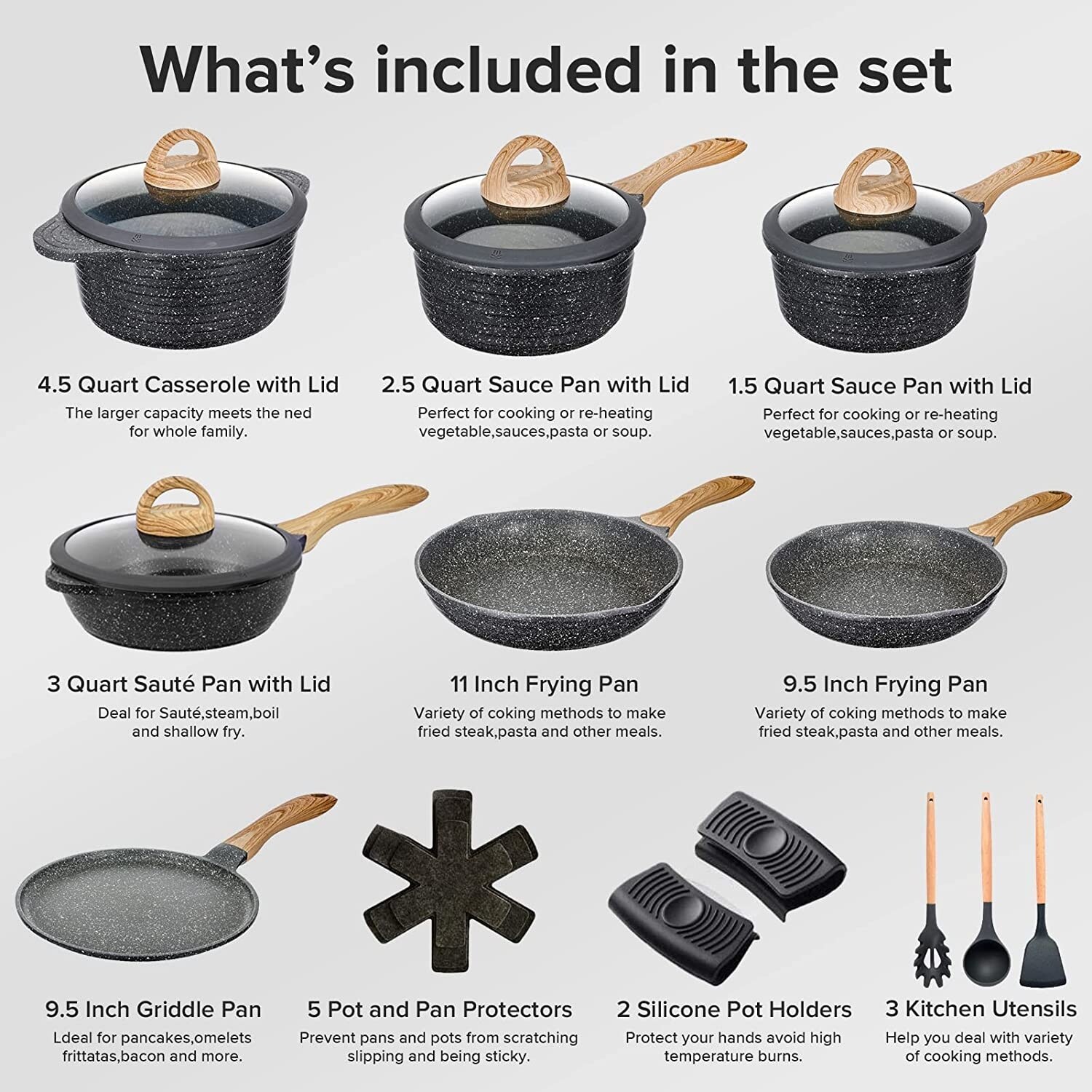 JEETEE Nonstick Pots and Pans Set, Induction Granite Coating Pots with 9.5  Inch Frying Pan & 2.5 Quart Saucepan with Lid, PFOA Free (Grey, 3pcs