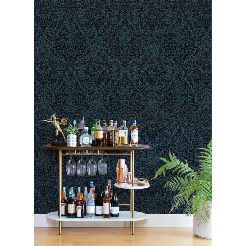 Damask Montgomery Maris Charcoal Flock Damask 33' L X 20.5" W Wallpaper Roll - Indigo