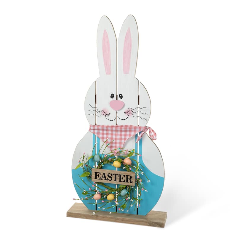 Glitzhome 30"H Easter Wooden Bunny Family Standing Porch Sign Decor with Wreath
