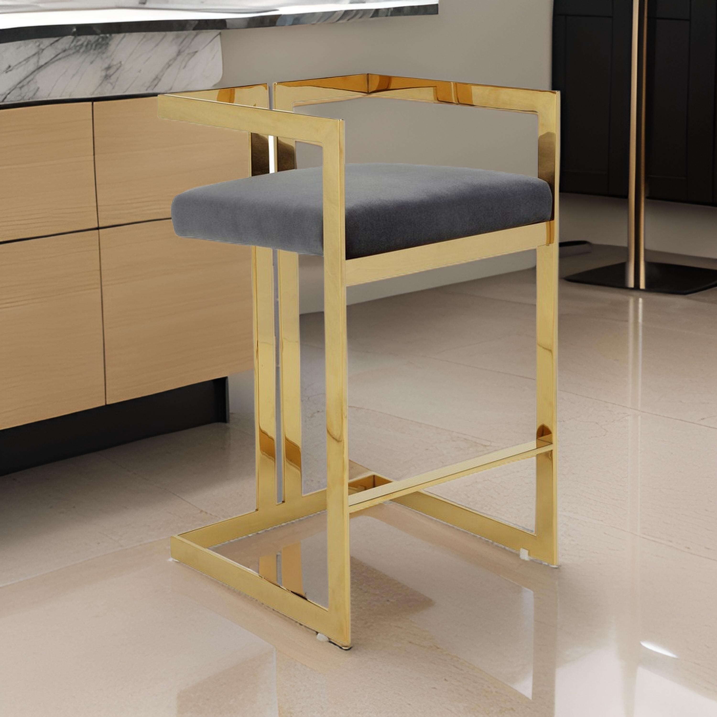 Zie 30 Inch Barstool Chair, Gray Velvet Padded Seat, Gold Zie 30 Inch Barstool Chair, Gray Velvet Padded Seat, Gold