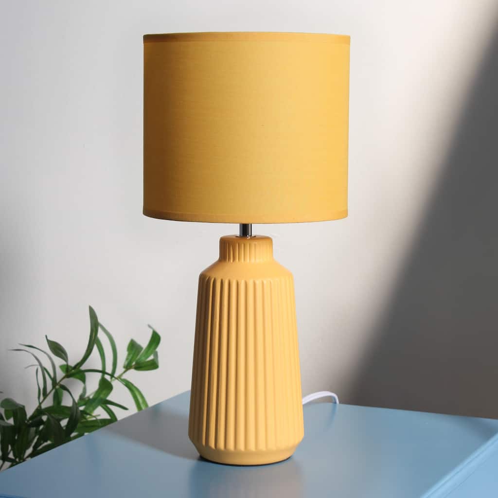 Vertical Grooved Ceramic Table Lamp with Drum Shade - 16" - Yellow