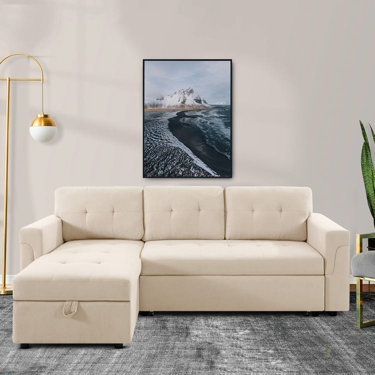 Reversible Sectional Sofa with Pull-Out Sleeper Bed, Hidden Storage Chaise, Durable Legs, - Beige,Velvet