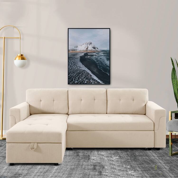 Reversible L-Shape Sleeper Sectional Sofa with Storage, Modern Convertible Sofa Bed for Living Room - Beige,Velvet