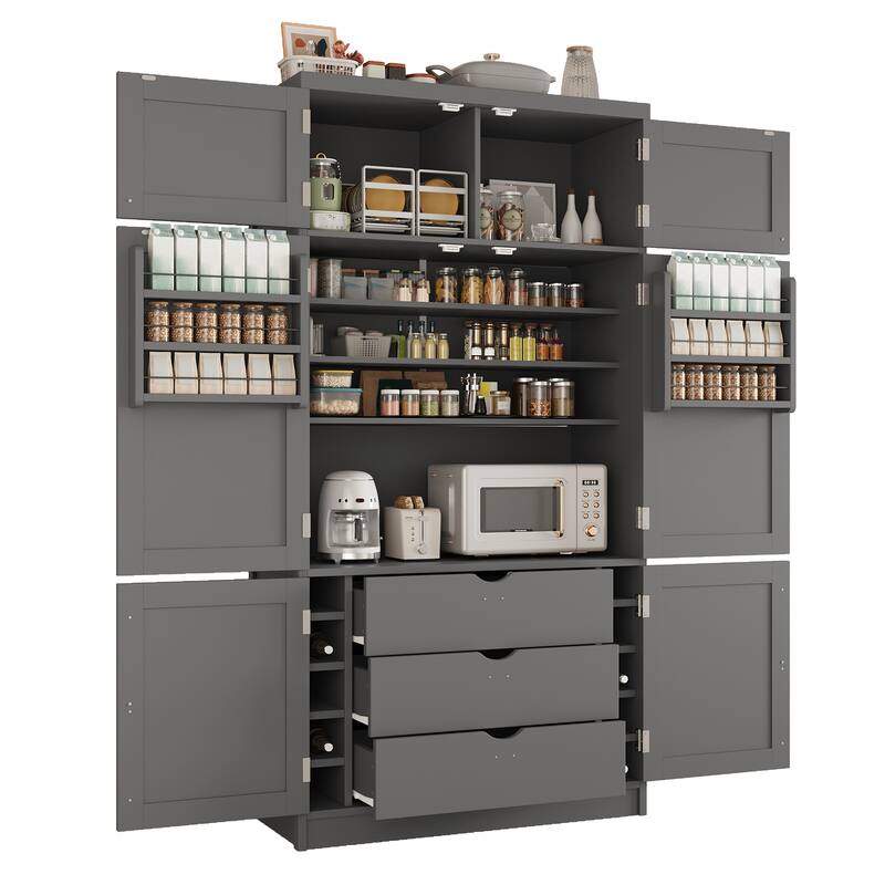 Roomfitters 80 Inch Extra Tall Kitchen Pantry Cabinet with Power Outlets and Wine Rack, Shaker Style