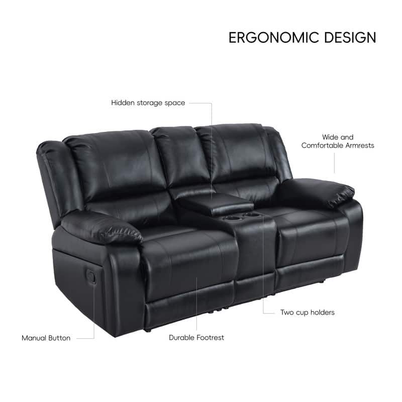 6PCS, 2 Manual Recliners, Faux Leather Reclining Sectional with Center Console