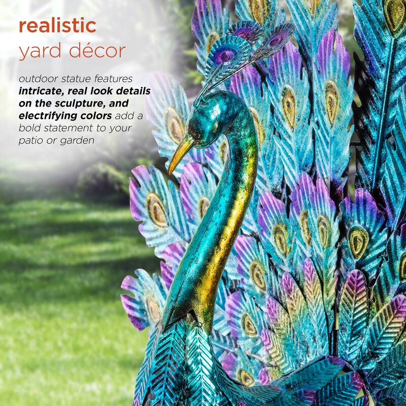 Alpine Corporation 23" Tall Outdoor Metallic Peacock Tail Spread Yard Statue Decoration, Multicolor