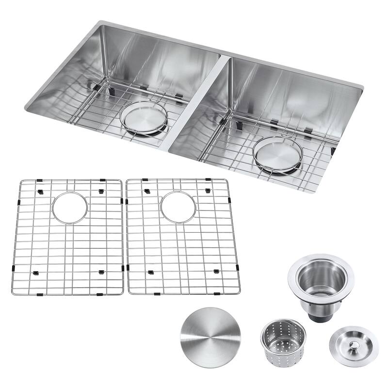 32" Undermount 50/50 Double Bowl Stainless Steel Handmade Kitchen Sink & Drain Strainer, Bottom Grid, All in One (32"x18"x9")
