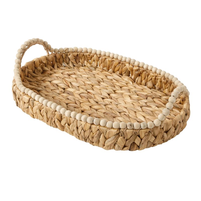 Gibson Home 17-Inch Woven Decorative Serving Tray - Large Natural Water Hyacinth Basket with Wood-Bead Trim and Handles