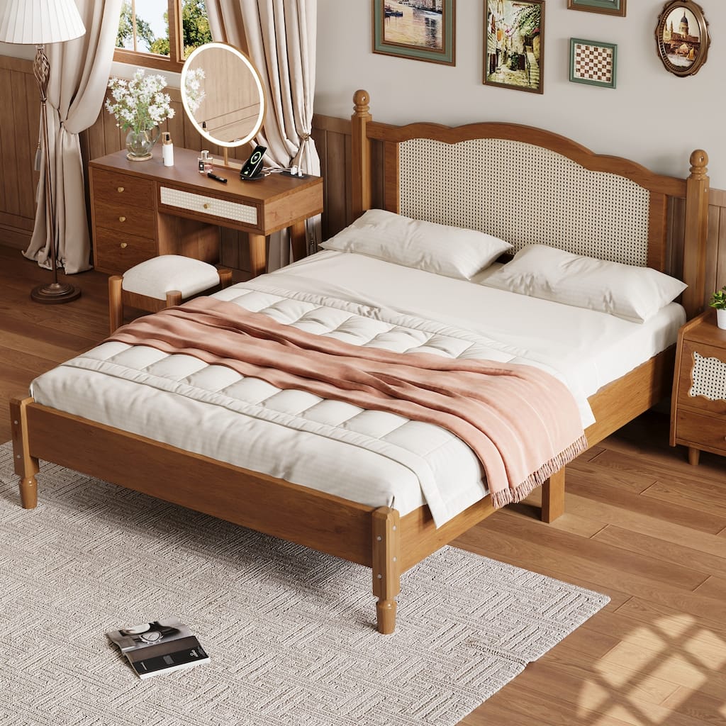 Wooden Frame Platform Bed Classic Bed Frame with Rattan Headboard, Bed Foot and Head Arc Design for Coastal Bohemian Bedroom