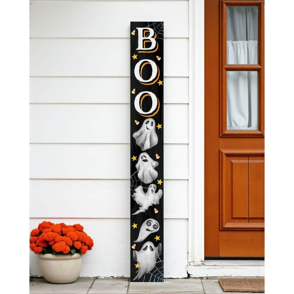 HomeRoots 72" Black White And Orange Halloween Ghost Solid Wood Porch Sign
