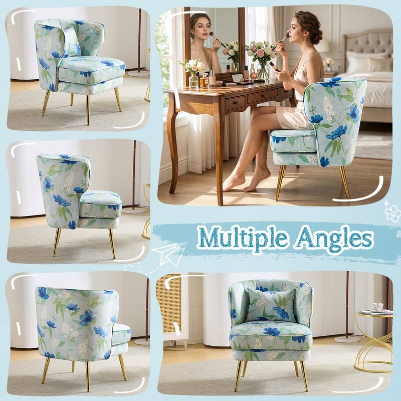 Mid Century Modern Upholstered Reading Chair with Lumbar Pillow, Gold Metal Legs, Small Space Friendly for Living Room Bedroom