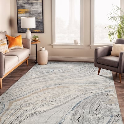 Marble Swirl Distressed Area Rug - Low-Pile Rug for Living Room, Bedroom - Polypropylene/Polyester with Jute Backing