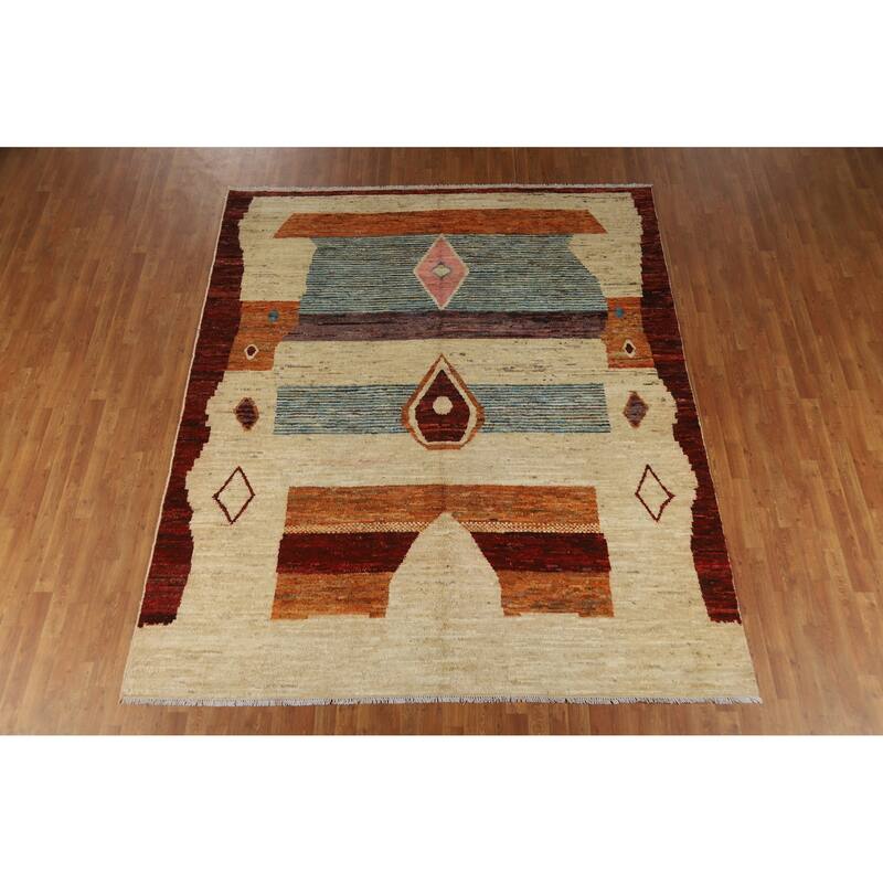Geometric Moroccan Oriental Rug Hand-Knotted Bedroom Wool Carpet - 8'2" x 9'8"