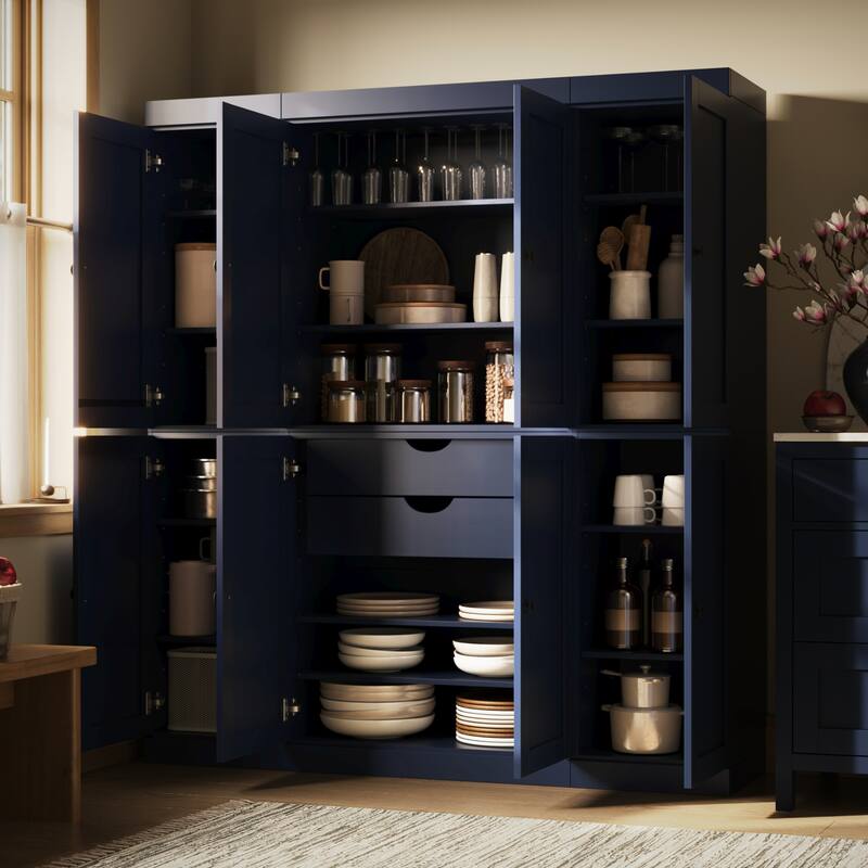Palace Imports 100% Solid Wood 65" Pantry Cabinet with Shaker Doors, 2-Drawers and Adjustable Shelves - Navy