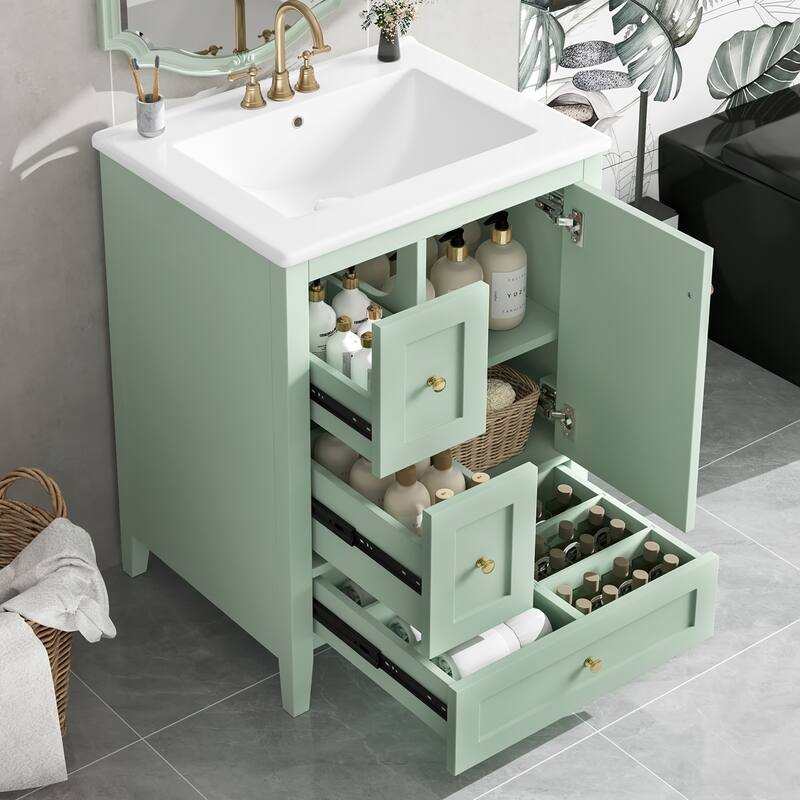24" Bath Vanity with Storage - Adjustable Shelf, MDF & Rubberwood, Removable Dividers - Green