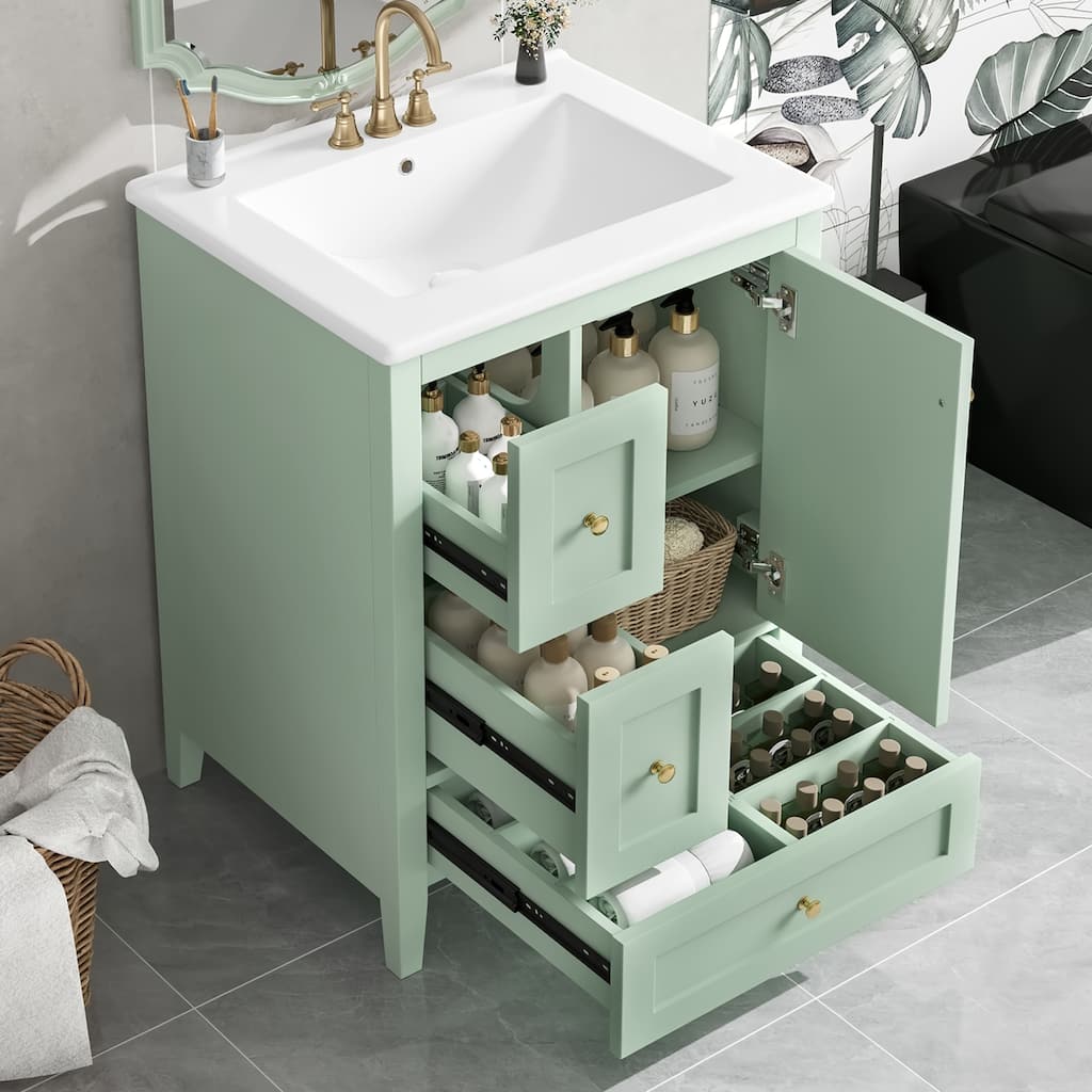 24-Inch Bathroom Vanity with Storage, Adjustable Shelf, MDF & Rubberwood, Removable Dividers, Green Finish