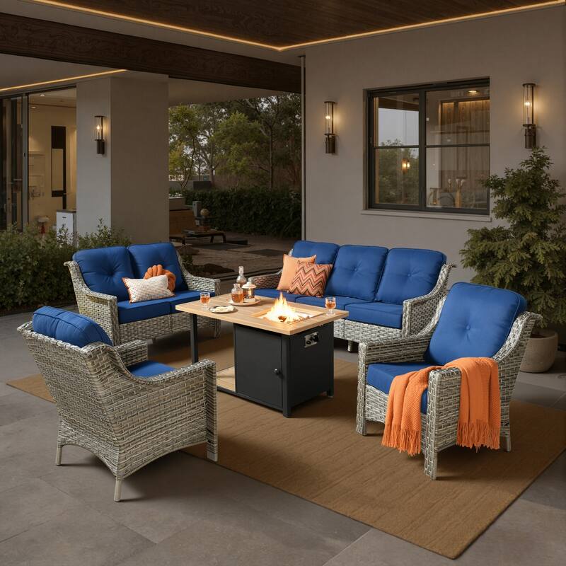 XIZZI 5-Piece Patio Wicker Furniture Conversation Set with Firepit - Navy Blue