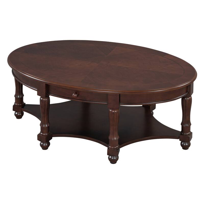 French Country Style Coffee Table Vintage Oval Coffee Table with Drawers and Storage Shelves, for Living Room