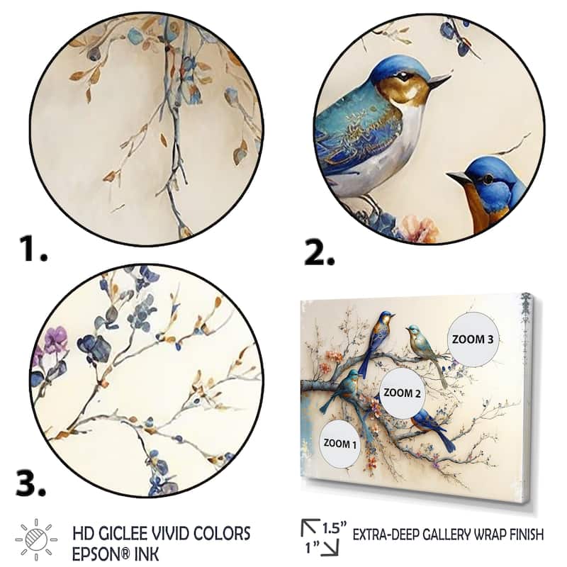 Designart 'Multicolor Birds On Plum Blossoms Tree X' Animals Canvas Wall Art