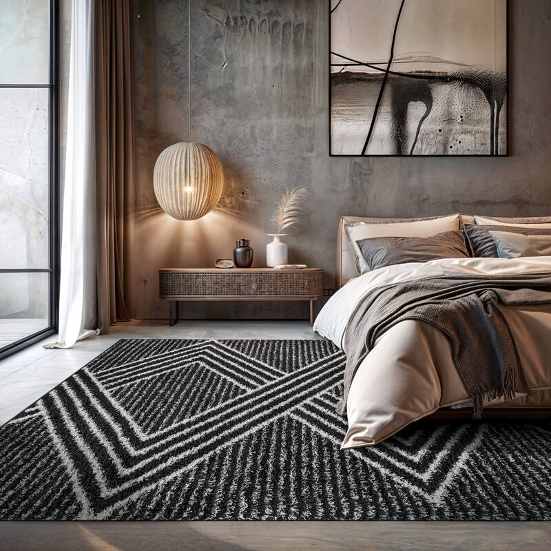Abstract Geometric Shag Rug - Anthracite Dark Gray - Medium Pile Rug - Kid & Pet Friendly