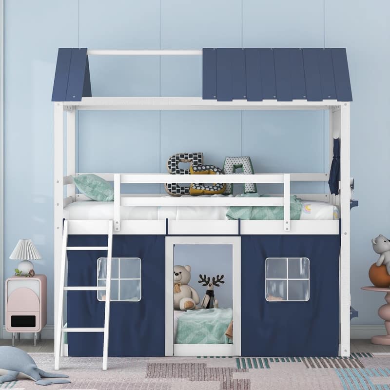 Twin Size Wood House Bed Bunk Bed with Windows, Sills and Tent