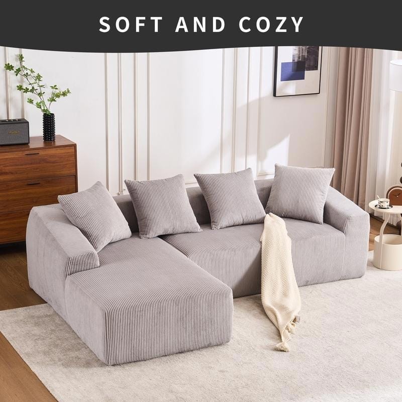 Chaise 3-Seater Sofa, Plush Corduroy, 4 Pillows, Compact