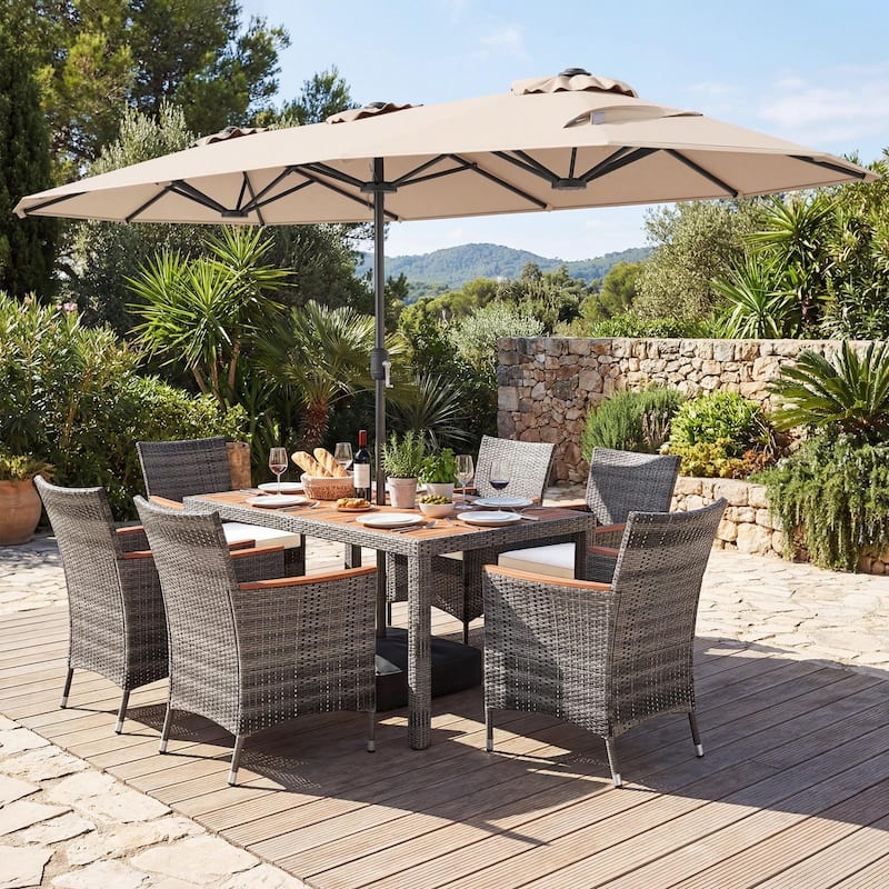 Gymax 8-Piece Patio Dining Set w/ Double-Sided Market Umbrella Acacia