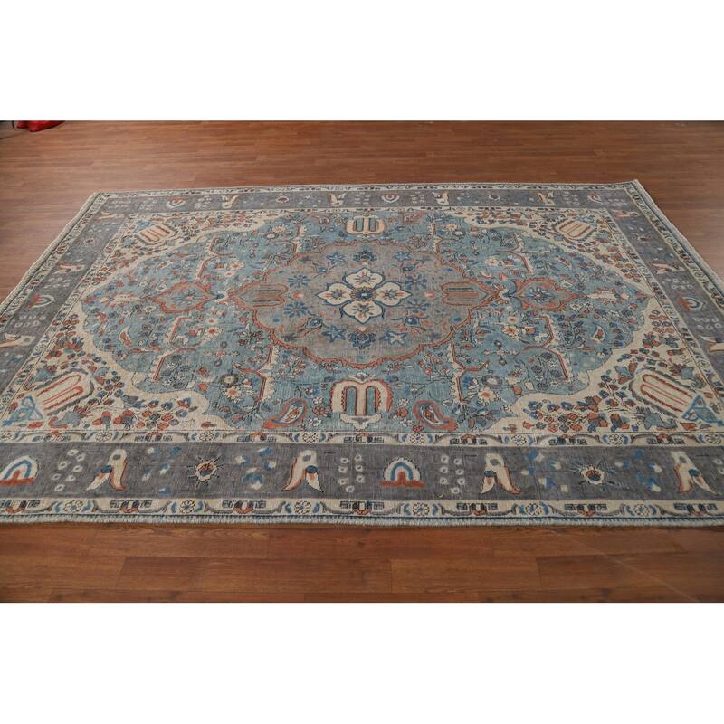 Traditional Tabriz Persian Area Rug Blue Hand-Knotted Wool Carpet - 6'5"x 9'4"
