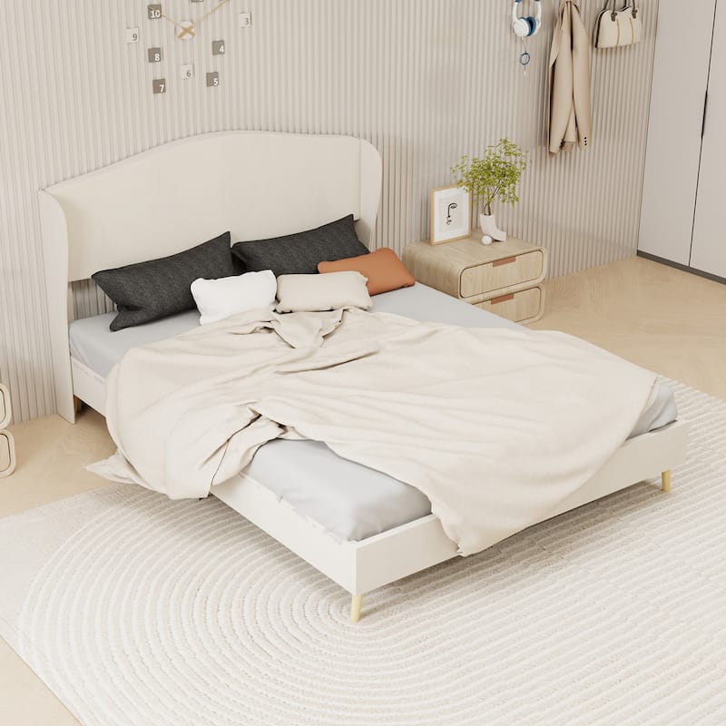 Queen Beige Upholstered Platform Bed Frame with Headboard for Bedroom - Beige