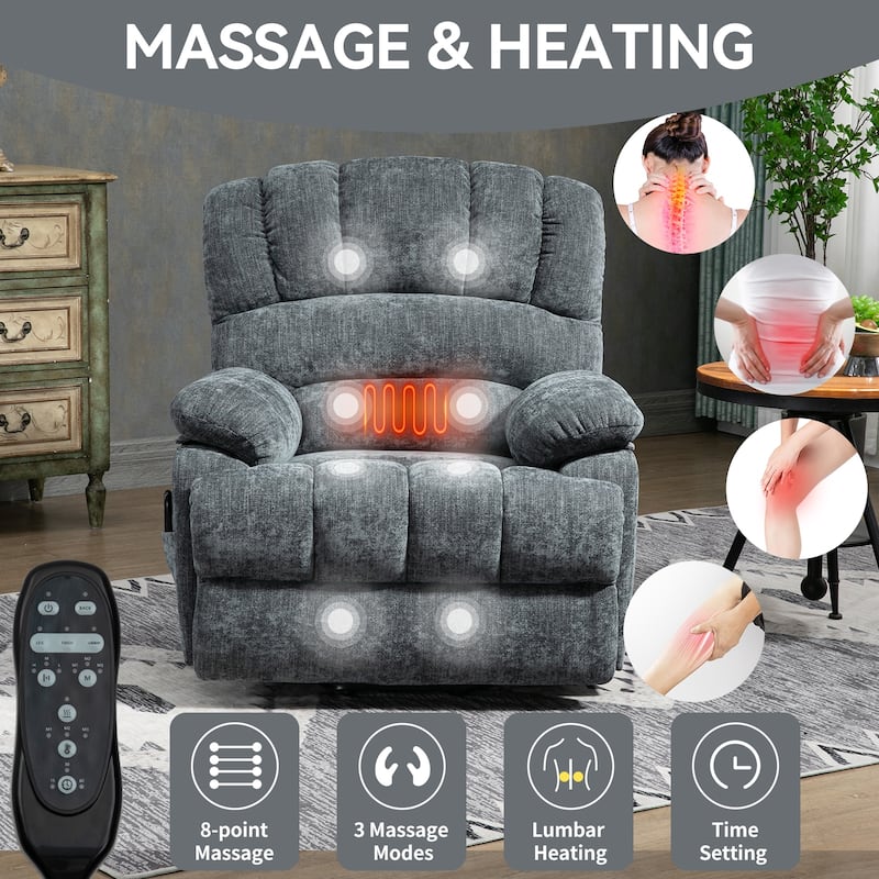 Oversized Chenille Power Lift Recliner Chair with Massage and Lumbar Heating, USB Charge Port