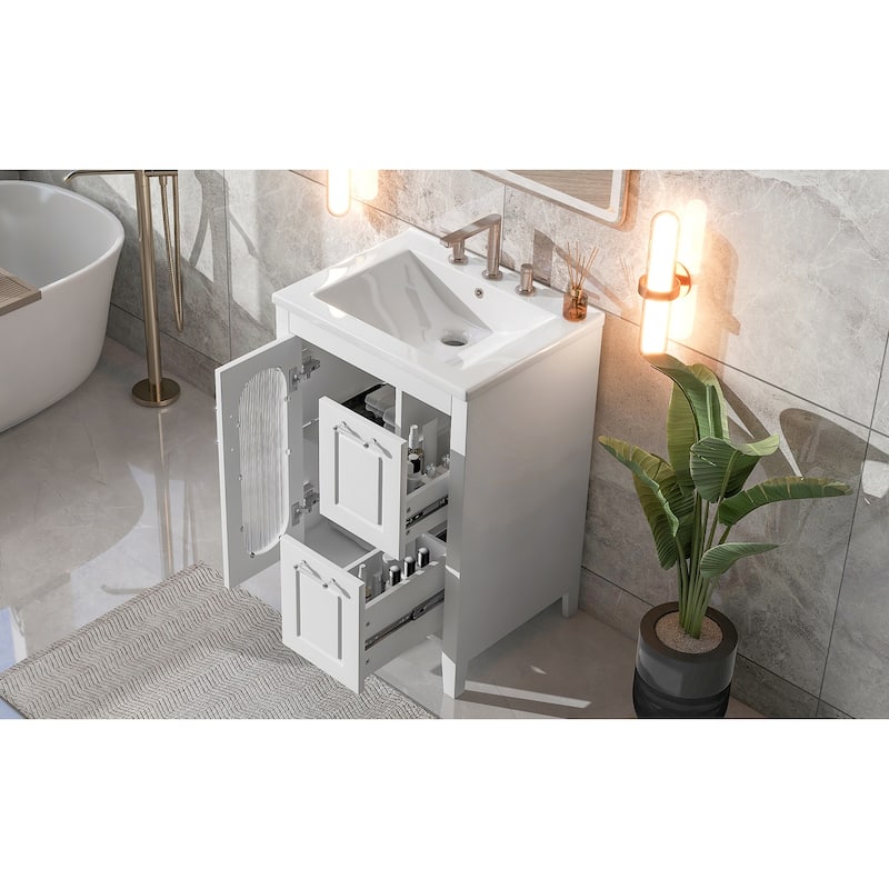GDFStudio - Emma 24-Inch Bathroom Vanity with Ceramic Sink, Moru Glass Door and Adjustable Storage