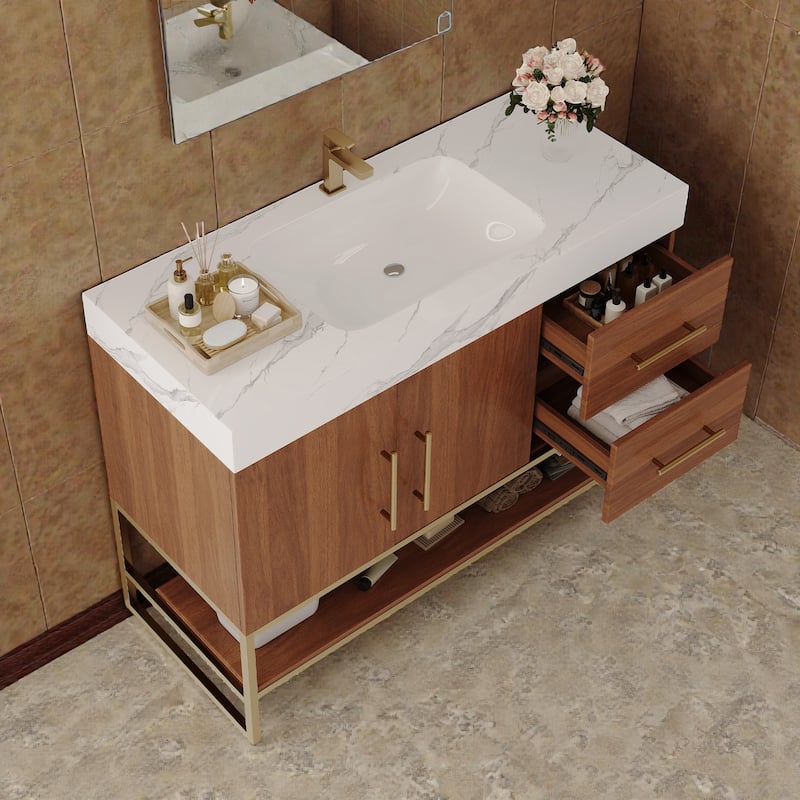 36 Inch Modern Bathroom Vanity with Seamless Ceramic Sink, Freestanding Cabinet with Gold Accents and Storage
