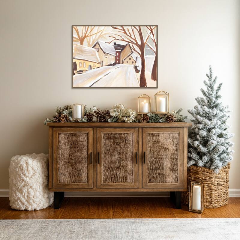 Snowy Street I by Annie Warren Framed Canvas Wall Art Print - Sylvie Dark Gold