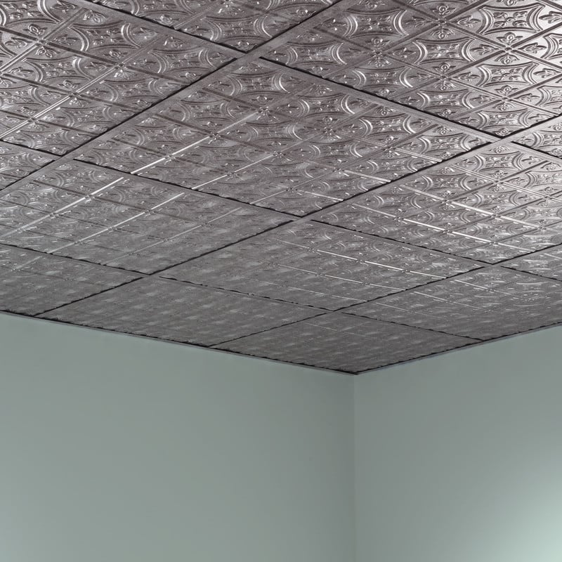 FASÄDE Traditional Style 1 Decorative Vinyl 2ft x 2ft Lay in Ceiling Panel in Crosshatch Silver (5 Pack)