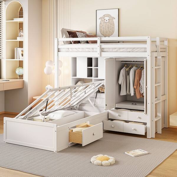 slide 2 of 10, Twin Size Bunk Bed with Drawers, Wardrobe, Storage Shelves and Hydraulic Bed White
