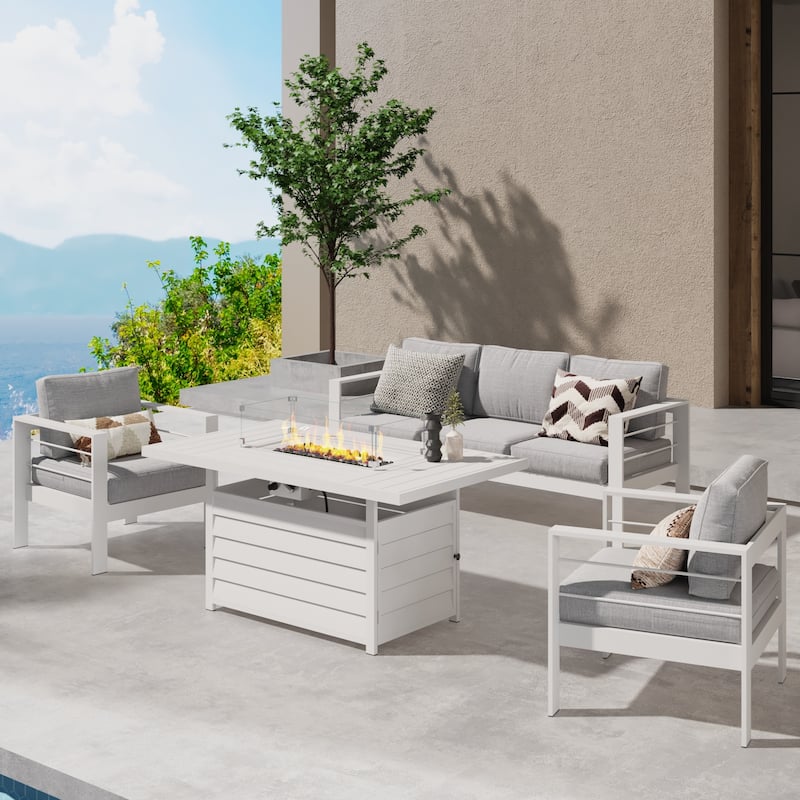 4 Pcs Patio Conversation Set with Propane Firepit - White