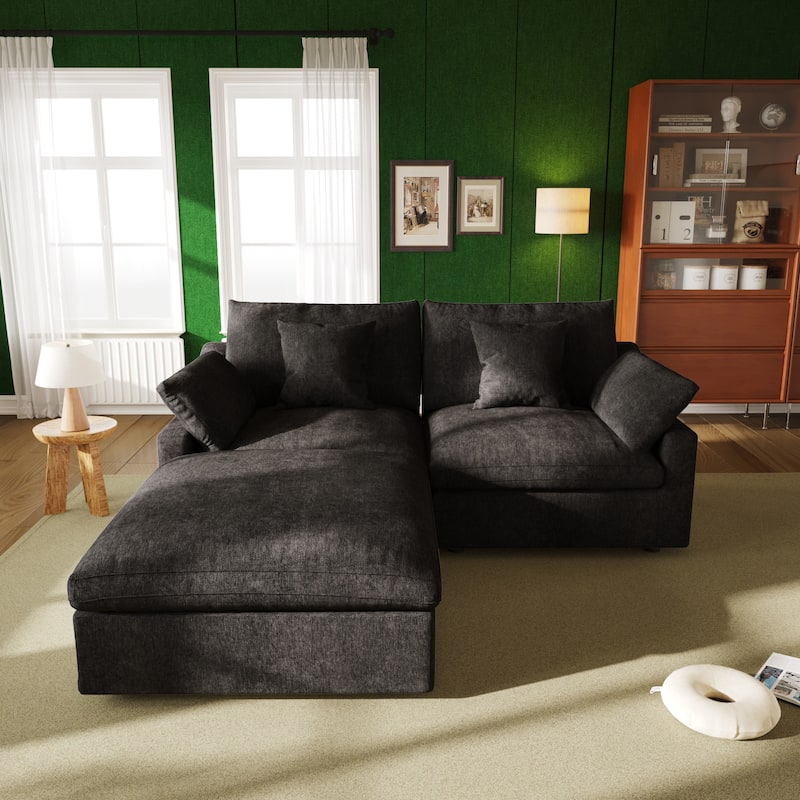 82.68'' Down Filled Sectional Couch L-shape Linen Upholstered Loveseat with Ottoman