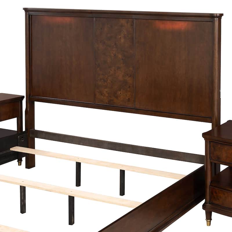 Furniture of America Prylen Modern 3-Piece Dark Cherry Solid Wood Panel Bedroom Set with LED Reading Lights